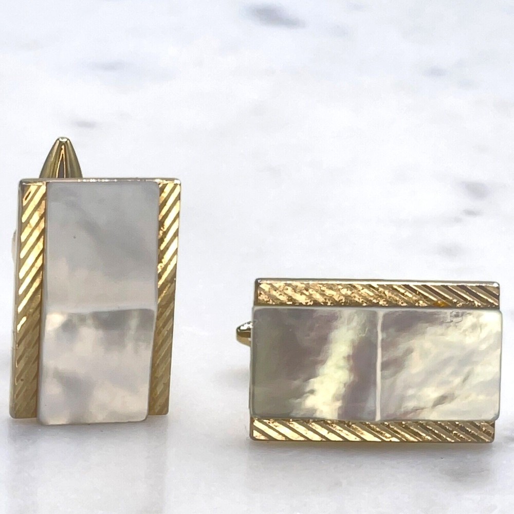 Mens Mother of Pearl Gold Tone Rectangular Bullet Back Cufflinks - Picture 7 of 12